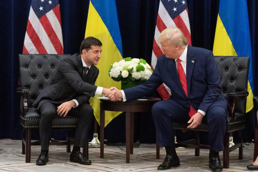 President Donald Trump meets with Ukrainian President Volodomyr Zelensky. The impeachment inquiry into Trump stems from his alleged pressuring of Zelensky to investigate his political rivals.