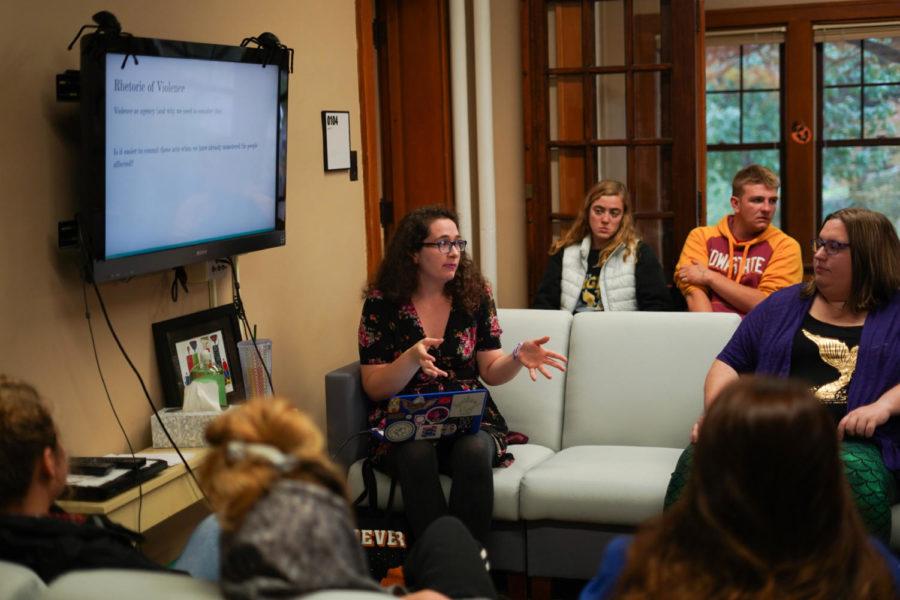Chloe Clark, assistant teaching professor English, led a packed Feminist Friday discussion on monstering and othering of women Nov. 3.
