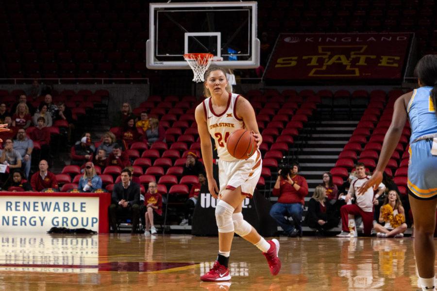 Iowa State guard/forward Ashley Joens reads the court against the Texas Southern womens basketball team at their game Nov. 7 at Hilton Coliseum. The Cyclones won 79-59.