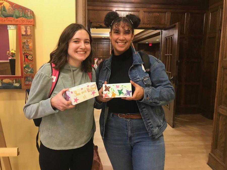 Jamie Campbell, senior in English, and Regine Peters, senior in statistics, attended the Build Your Own Mental Health Kits event Wednesday. Campbell and Peters put together customized mental health kits with plush toys, snacks, Kleenexes and more.