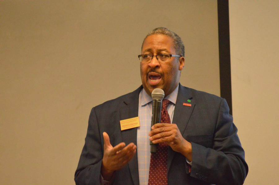 Martino Harmon, senior vice president for Student Affairs, talks about the campus climate survey results. The open forum was Feb. 12 in Carver Hall. 
