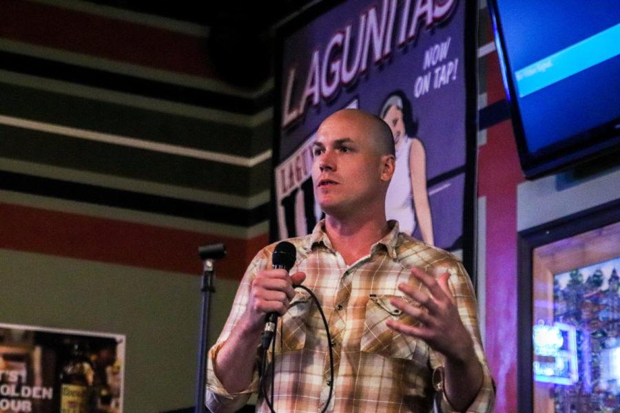 J.D. Scholten discusses his bid to run against Rep. Steve King for Iowa’s 4th Congressional District Aug. 6, 2019 at Mother’s Pub.