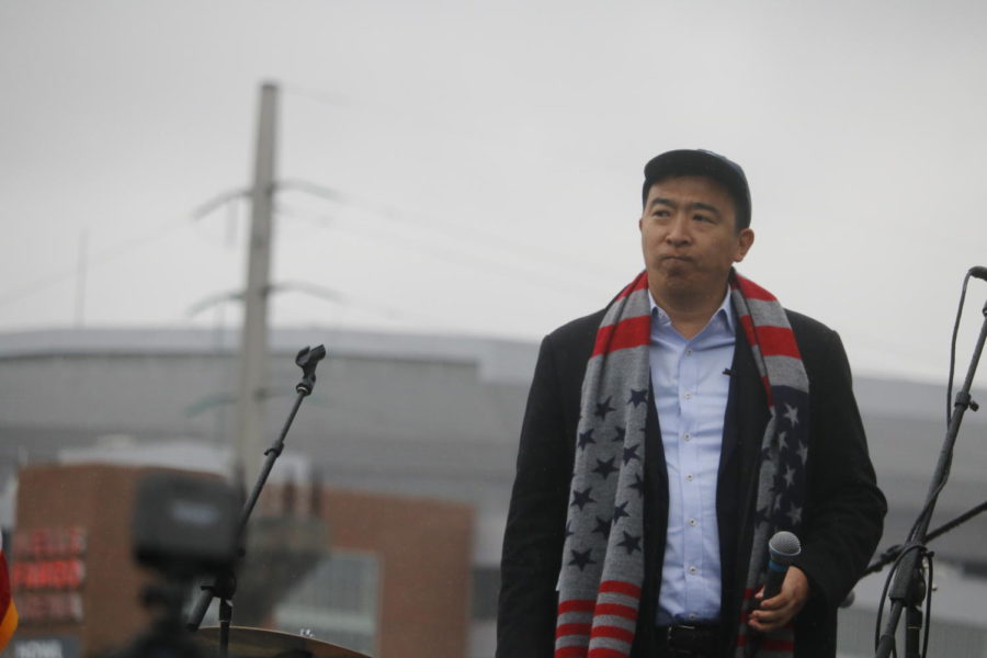 Andrew Yang speaks at a campaign rally Nov. 1 in Des Moines. After his remarks, he led rally attendees in a march to the Iowa Democratic Partys Liberty and Justice Celebration in Wells Fargo Arena.