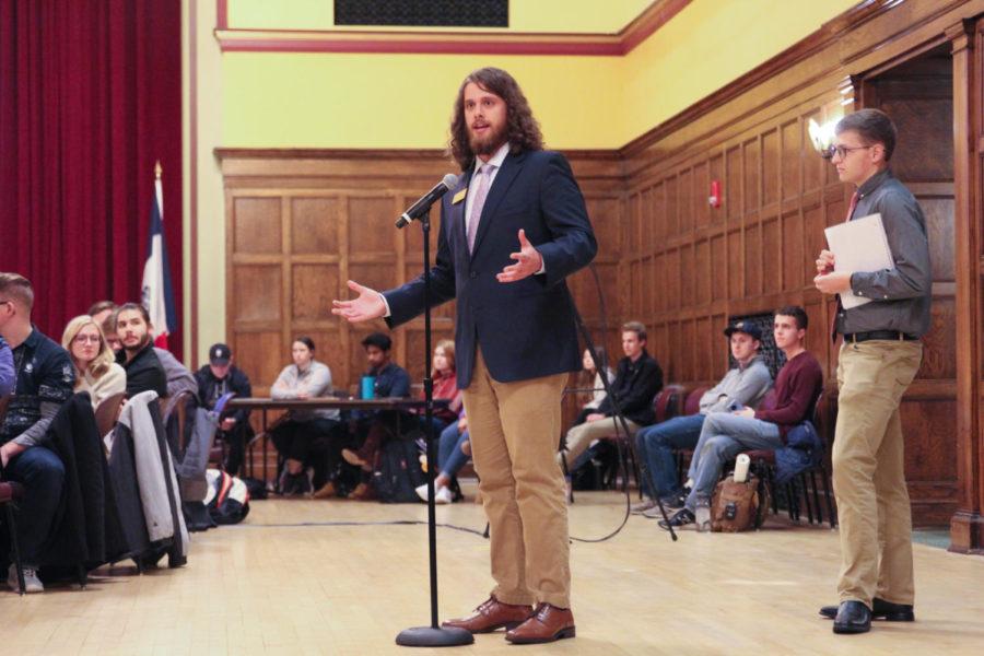 Sen. Ian Searles speaks during an open forum at the Oct. 30 Student Government meeting. Students came to talk about recent controversial events on campus and to address President Wendy Wintersteen.