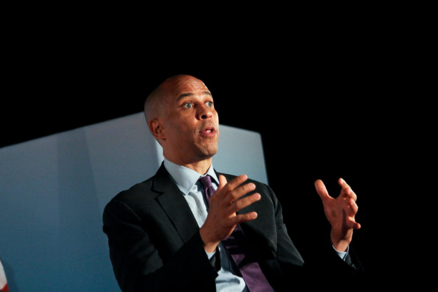 Sen. Cory Booker answers questions at the 2020 Presidential Candidate Forum July 15, hosted by AARP Iowa and the Des Moines Register at the Olmsted Center at Drake University. Booker answered questions on the federal budget deficit as well as workers pensions. 