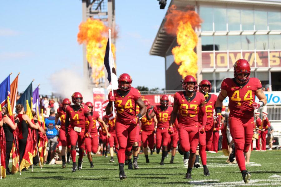 The+Cyclone+football+team+enters+Jack+Trice+Stadium+on+Sept.+15+for+their+game+against+Oklahoma.