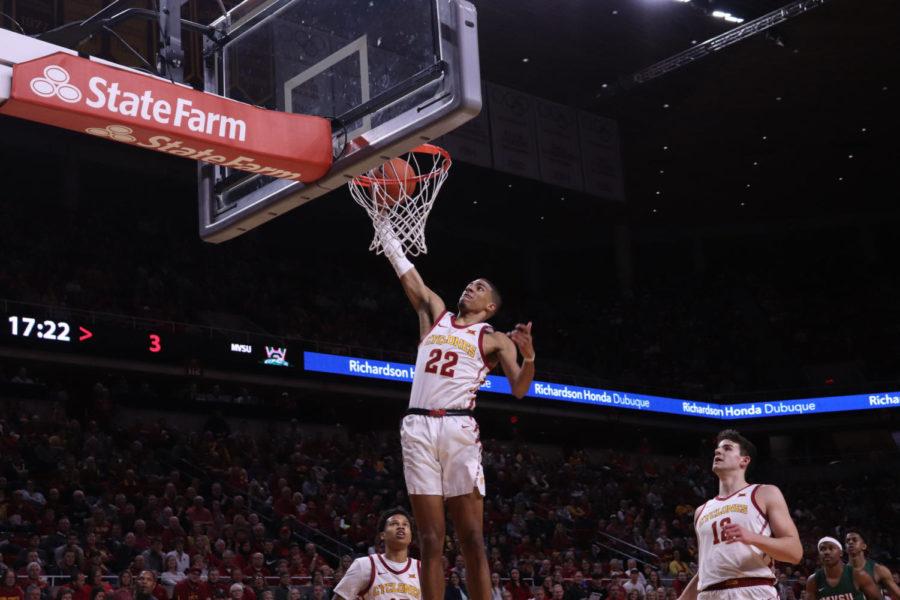 Sophomore guard Tyrese Haliburton goes up for a dunk during Iowa State’s 110-74 victory over the Mississippi Valley State Delta Devils at Hilton Coliseum on Nov. 5.