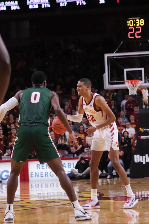 Sophomore guard Tyrese Haliburton brings the ball up the court during Iowa State’s 110-74 victory over the Mississippi Valley State Delta Devils at Hilton Coliseum on Nov. 5.