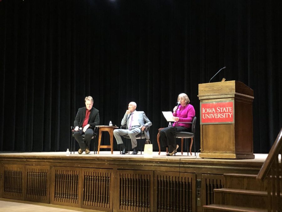 Dirk Deam, associate teaching professor of political science, and former Rep. Ed Mezvinsky discuss impeachment at an event Nov. 14 in the Great Hall moderated by Karen Kedrowski, director of the Carrie Chapman Catt Center for Women and Politics.