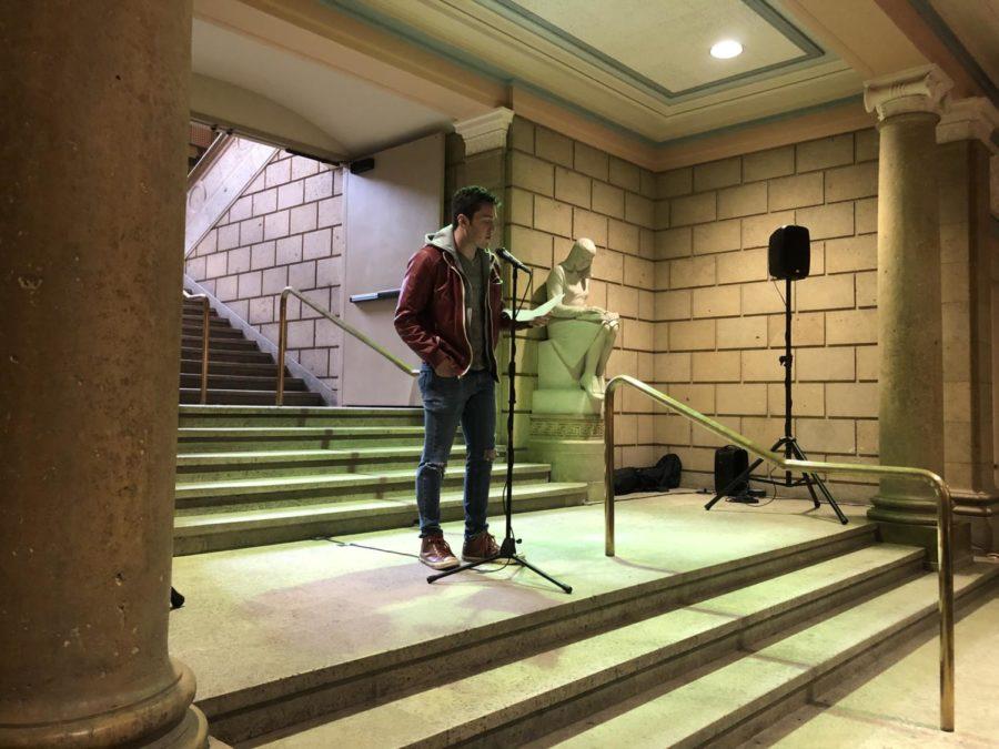 Jobe Fee, junior in performing arts, read a poem about starting projects at the last minute Nov. 18 at the last Monday Monologue.