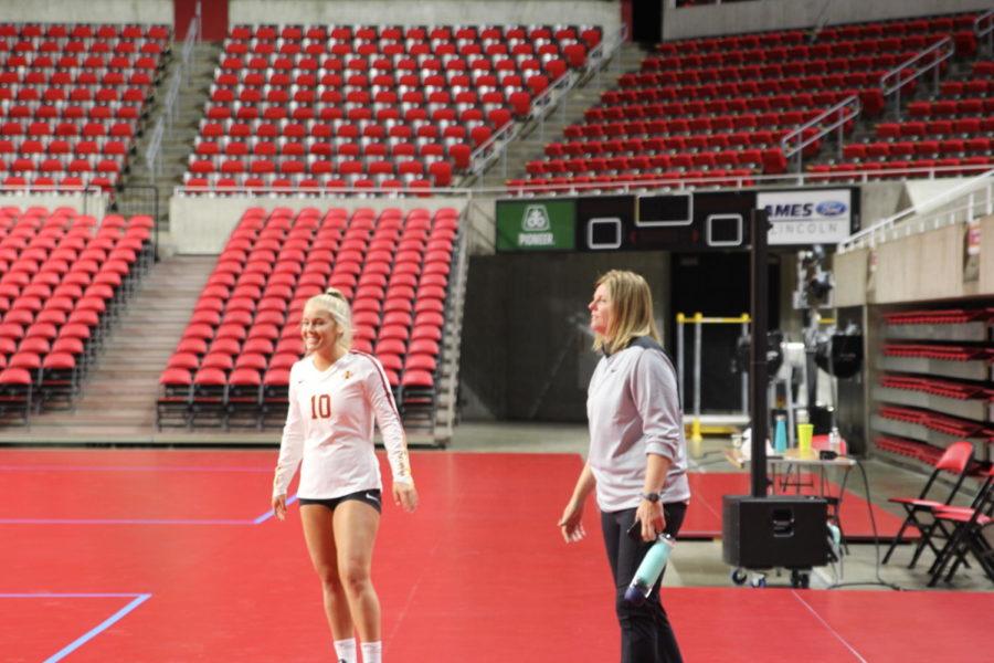 Freshman Kate Shannon (left) and coach Christy Johnson-Lynch (right) talk during Iowa States volleyball media day Aug. 21. Shannon is a defensive specialist/libero from Waterloo, Iowa.