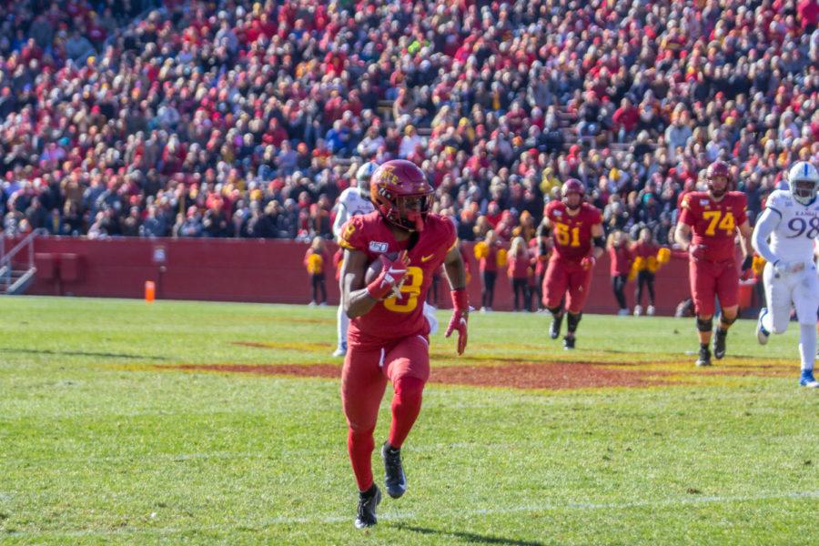 #8 Deshaunte Jones completes the reception for another first down against University of Kansas, Iowa State won 41-31 on Nov. 23.