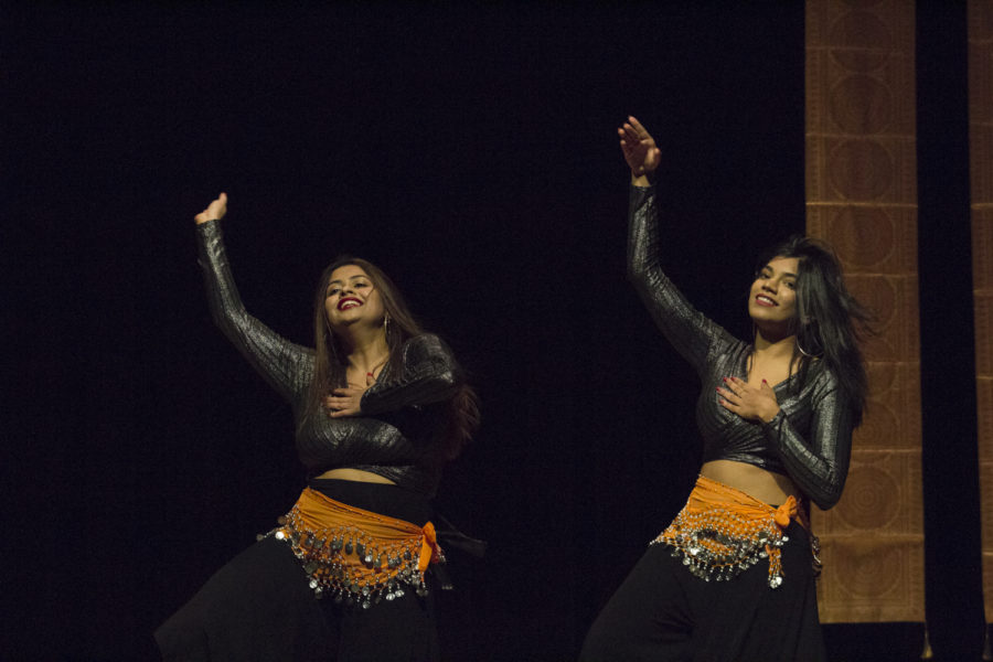 Then-senior Gayatri Poudel and then-junior Sana Shetty perform a Bollywood dance routine at Diwali Night. Diwali Night was hosted by the Indian Students Association on Nov. 11, 2018, in the Memorial Union. People were invited to enjoy the Festival of Lights with music, dance, handicrafts, games and Indian food.