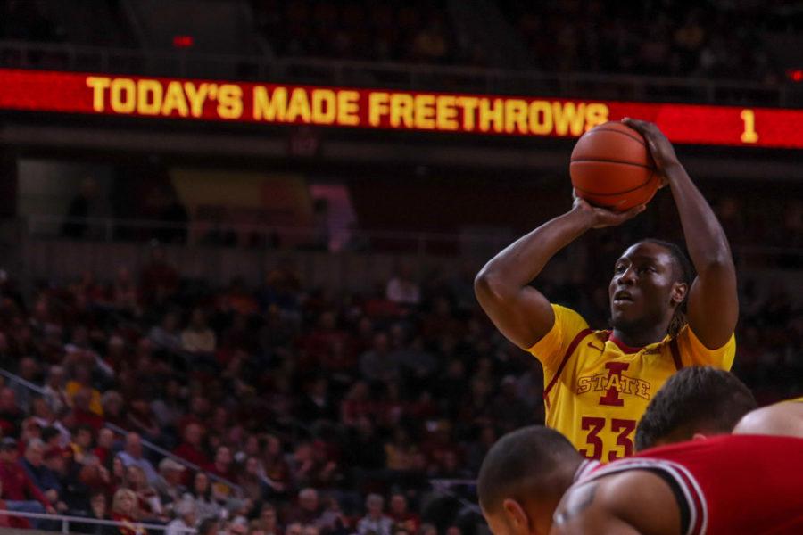 Junior guard Solomon Young shoots a free throw during Iowa State’s 70-52 victory over Northern Illinois on Nov. 12 at Hilton Coliseum.