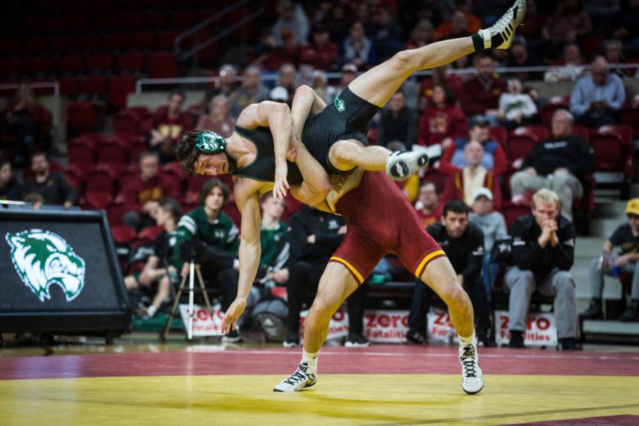 Then-redshirt+sophomore+Ian+Parker+takes+down+freshman+Dylan+Gregerson+during+the+Iowa+State+vs.+Utah+Valley+dual+meet+Feb.+3+in+Hilton+Coliseum.+Parker+won+by+fall+at+6+minutes+and+29+seconds+and+the+Cyclones+defeated+the+Wolverines+53-0.
