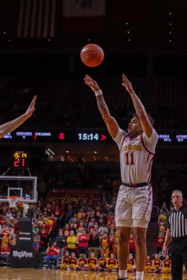 Senior guard Prentiss Nixon shoots the ball during Iowa State’s 73-45 victory over Southern Mississippi on Tuesday at Hilton Coliseum.