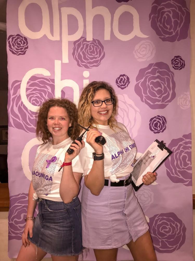 Madelynne Goodeaux (left), senior in chemical engineering and silent auction/fundraising chair for the Alpha Chi Omega sorority, and Marissa Prelgo (right), senior in public relations and vice president of philanthropy for Alpha Chi Omega, at the spring philanthropy event for ACCESS.