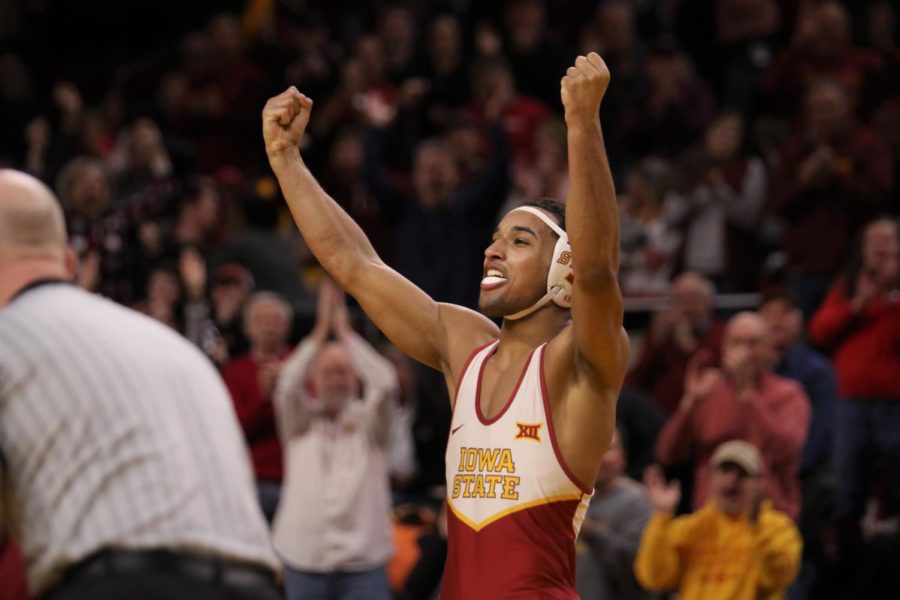 Then-redshirt-freshman Marcus Coleman celebrates after winning his match against Anthony Mantanona of Oklahoma on Jan. 25, 2019.
