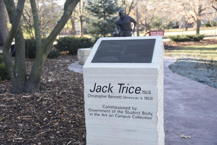 Previously residing at the football stadium, the Jack Trice sculpture was relocated north of Beardshear Hall. The move was done by employees of the university’s facilities planning and management department while students were home over the fall break.