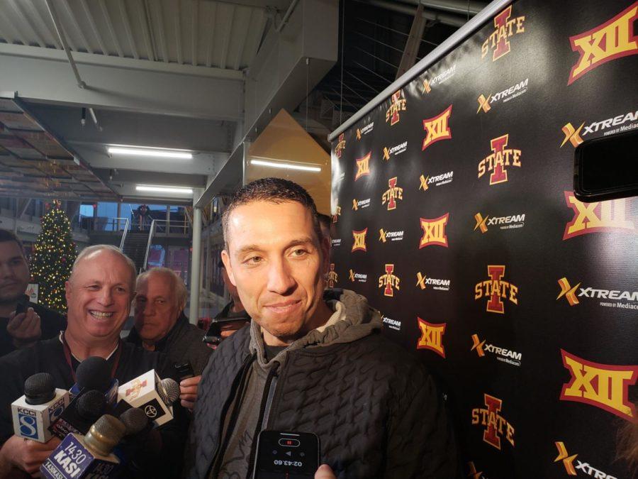 Matt Campbell smiles as he takes questions Dec. 8 from the media about Iowa State being chosen to play No. 14 Notre Dame in the 2019 Camping World Bowl.