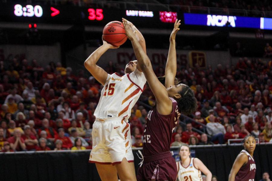 Then-sophomore Kristin Scott goes in for a layup during the game against Missouri State in the second round of the NCAA Championship on March 25 at Hilton Coliseum. The Cyclones lost to the Bears 69-60.