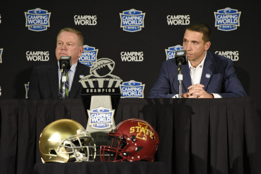 Iowa+State+coach+Matt+Campbell+and+Notre+Dame+coach+Brian+Kelly+speak+to+the+media+ahead+of+their+matchup+in+the+Camping+World+Bowl+on+Dec.+28.