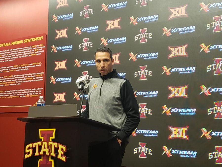 Matt Campbell talks to the media Wednesday about his 2020 recruiting class. Campbell said multiple members of the class show high character.