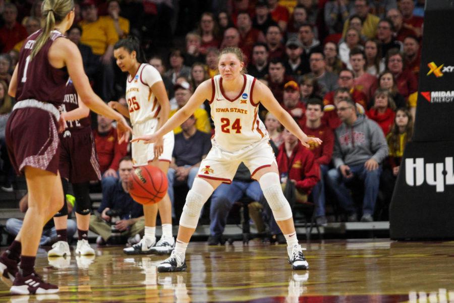 Then-freshman+Ashley+Joens+blocks+an+oncoming+player+from+Missouri+State+during+their+game%C2%A0against+the+Missouri+State+Bears+in+the+second+round+of+the+NCAA+Championship+on+March+25+at+Hilton+Coliseum.%C2%A0