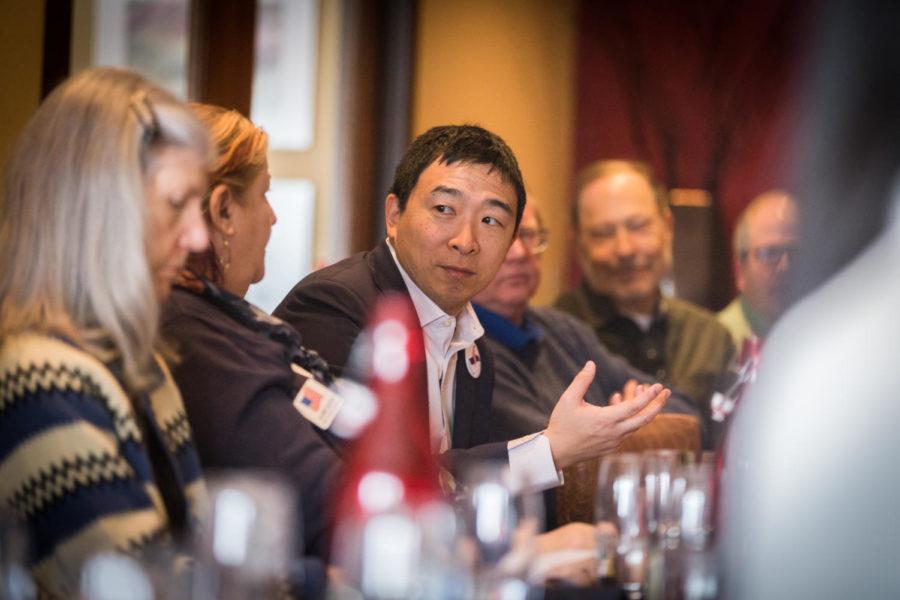 Andrew Yang speaks during his luncheon with the Story Country Democrats at the Iowa Stater Restaurant on Jan. 31. Yang said he wanted this lunch to be an opportunity for everyone to get to know him personally.