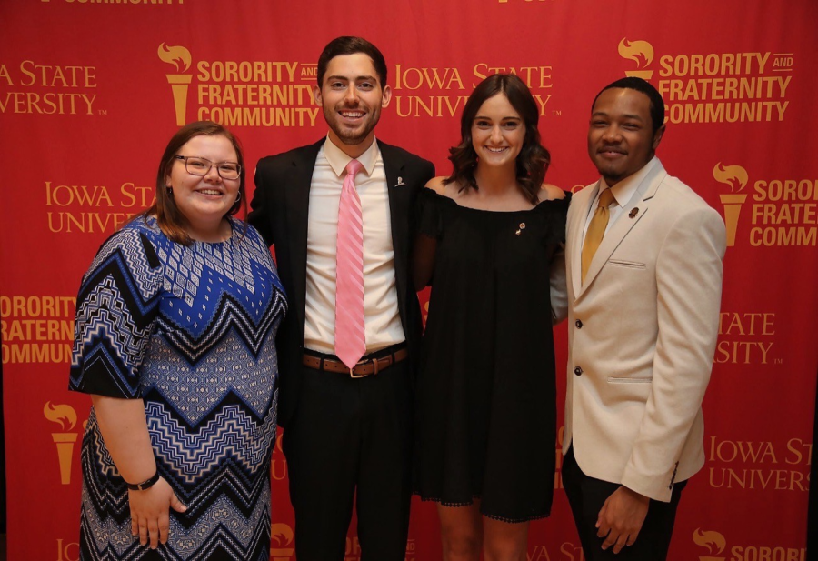 From left to right: Multicultural Greek Council President Micaela Coate, Interfraternity Council President Zach Woodbeck, Collegiate Panhellenic Council President Abbey Bierma, National Panhellenic Council President Johnathan Hall. 