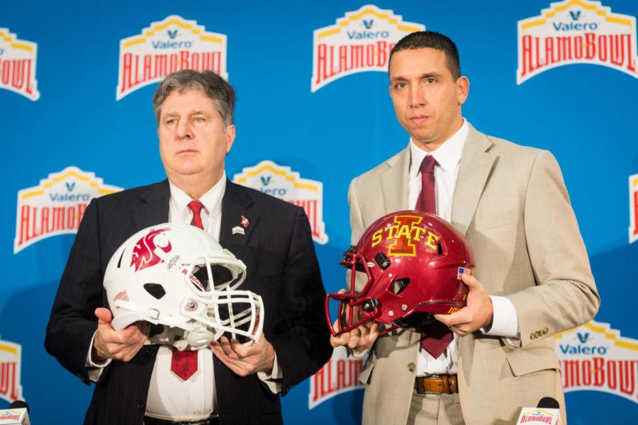 Iowa State Head Coach Matt Campbell poses with Washington State Coach Mike Leach following a press conference Dec. 27, 2018, the day before the Valero Alamo Bowl game.