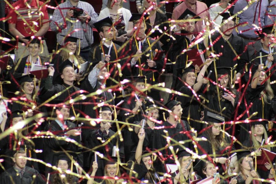 Students fire off streamers as “Sweet Caroline” played to close out the morning commencement ceremony for the class of 2019. The ceremony, which took place May 11 at Hilton Coliseum, honored graduates for both the spring and upcoming summer term. 