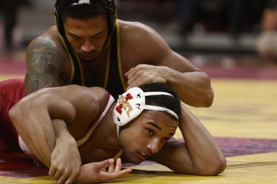 Iowa State then-redshirt freshman Marcus Coleman pauses during his match against Missouri on Feb. 24.