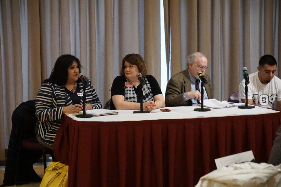 During the Know Your Rights Panel on March 6th, 2018, (from left to right) Sonia Reyes-Snyder of the Iowa Department of Human Rights, Katharine Johnson Suski of the Iowa State Office of Admissions, Michael Levine of Student Legal Services and senior Ricky Corona spoke to the audience about the realistic views that society has and the options people have. 