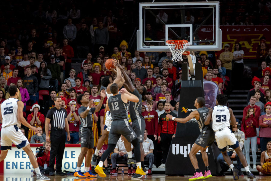 Solomon Young rejects a jumper during the Iowa State basketball game against UMKC on Dec. 4.