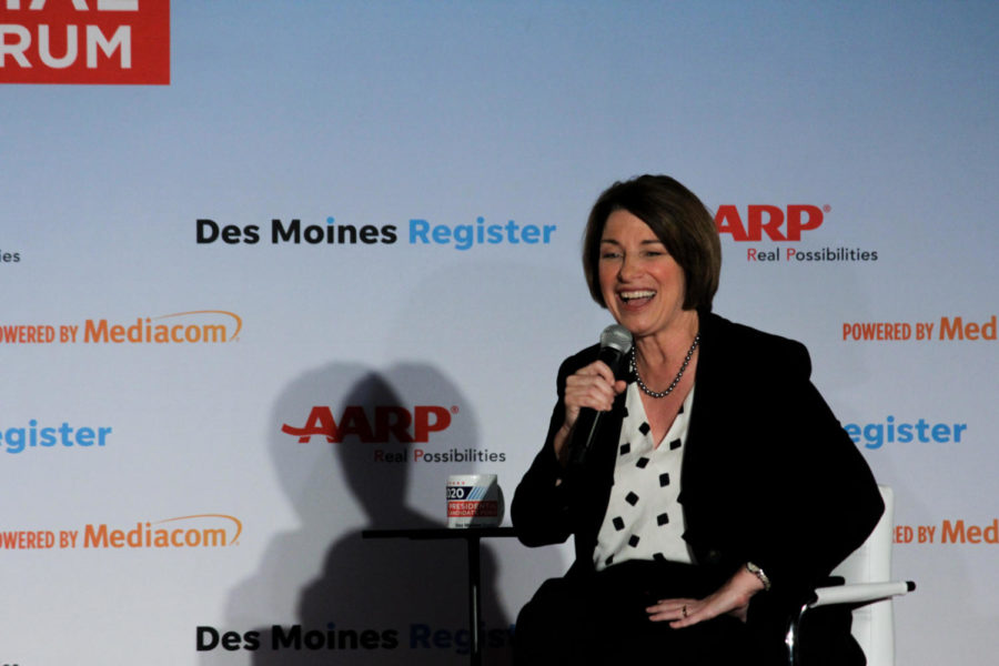 Presidential candidate Sen. Amy Klobuchar answers questions from moderators Kathie Obradovich and Kay Henderson at the 2020 Presidential Candidate Forum hosted by AARP Iowa and the Des Moines Register July 15 at the Olmsted Center at Drake University. Klobuchar answered questions on health care, mental health and immigration reform. 