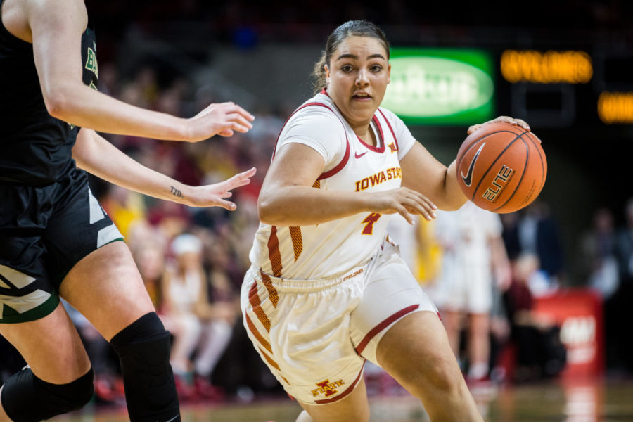 Iowa State then-sophomore guard Rae Johnson dribbles to the hoop during the first half of the Iowa State vs Baylor women’s basketball game held Feb. 23 in Hilton Coliseum. The Cyclones lost 60-73.