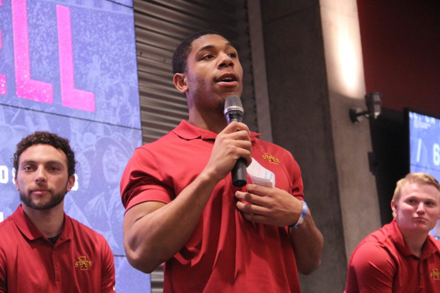 Re-al Mitchel, one of Iowa States new football recruits speaking to Cyclone fans at Cyning Day on Feb. 7.