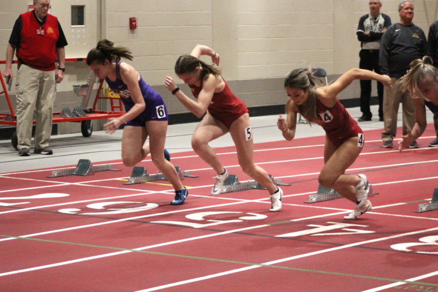 Iowa State runners start the 60-meter hurdle event Jan. 23 in a meet against Drake and Northern Iowa.
