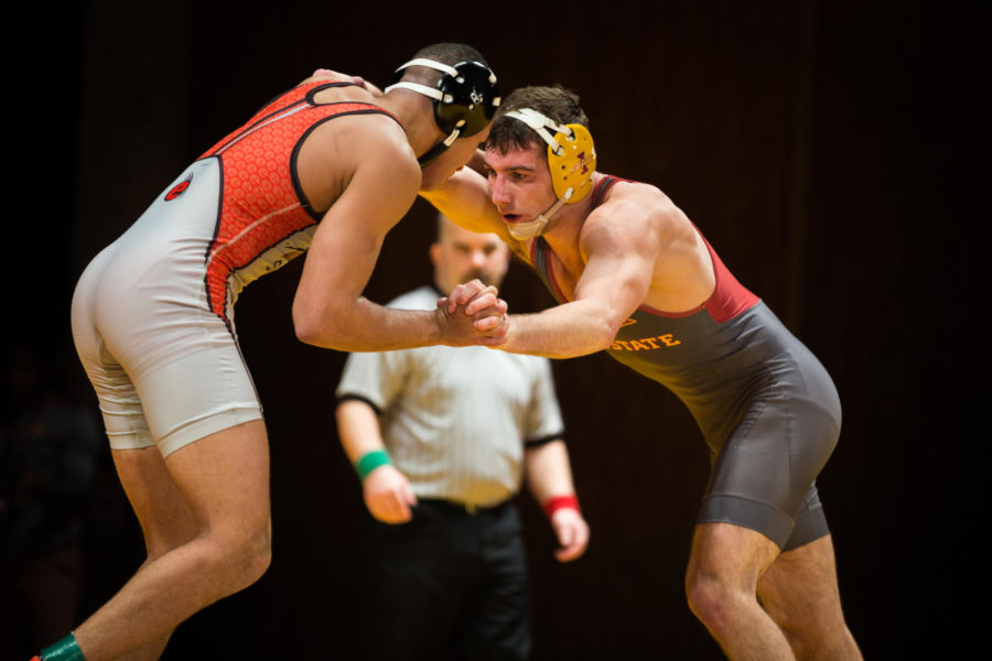 Then-redshirt sophomore Chase Straw wrestles Justin Ruffin during the Iowa State vs. SIU-Edwardsville match on Nov. 11, 2018, in Stephens Auditorium. The Cyclones won nine of the 10 matches over the Cougars.