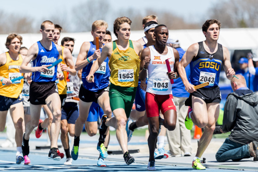 Iowa States Festus Lagat runs the first leg of the mens distance medley during the last day of the Drake Relays on April 28, 2018 in Des Moines. Lagat and the Cyclones finished with a time of 9:42.95.
