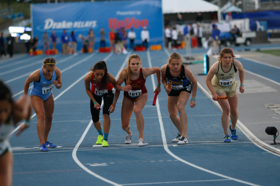 Iowa States Larkin Chapman prepares to open the 4x400 at the Drake Relays. Chapman and the Cyclones took first place with a time of 8:36.51.