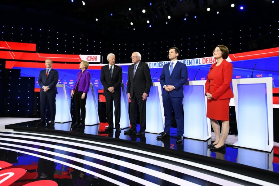 Qualifying candidates lined up on stage before the Democratic presidential debate on Jan. 14 at Drake in Des Moines. 