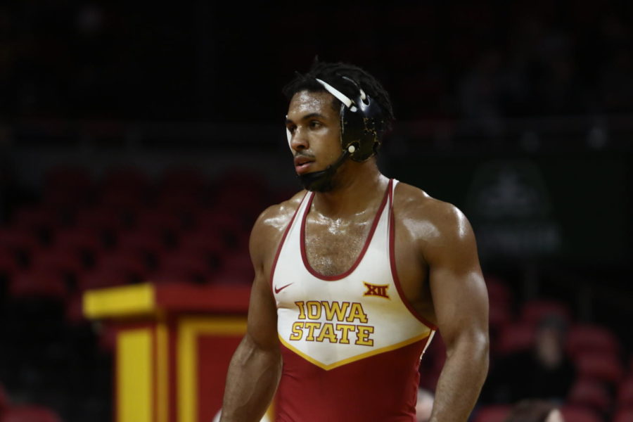 Iowa State then-redshirt sophomore Sam Colbray pauses during an official review during his match against Missouri on Feb. 24, 2019.
