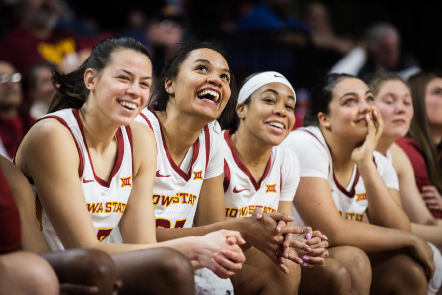 Members of the Iowa State Womens Basketball team react to the senior videos following the Iowa State vs Kansas Senior Night Basketball game held in Hilton Coliseum. The Cyclones defeated the Jayhawks 69-49.