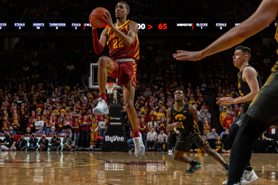 Tyrese Haliburton jumps for a layup against Iowa on December 12th.