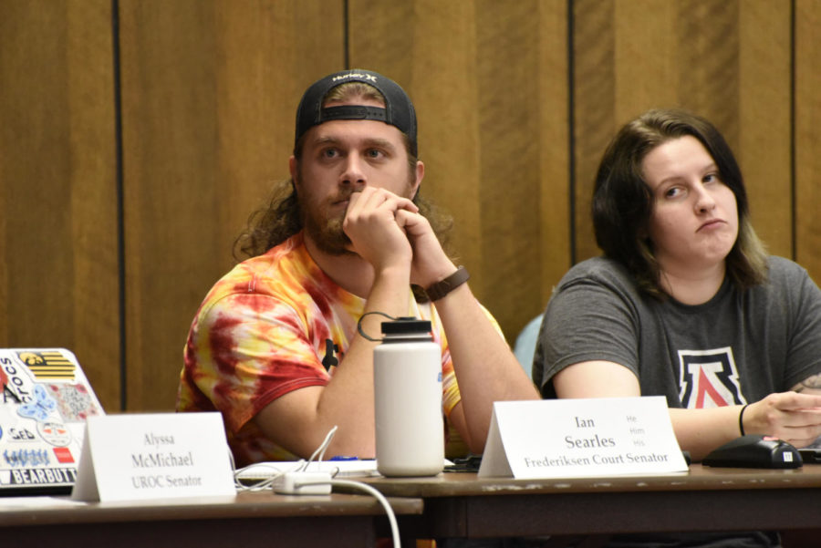 Sen. Ian Searles listens during the Student Government meeting Sept. 18 in the Campanile Room. Student Government discusses various bills and legislation that affect Iowa State and the community.