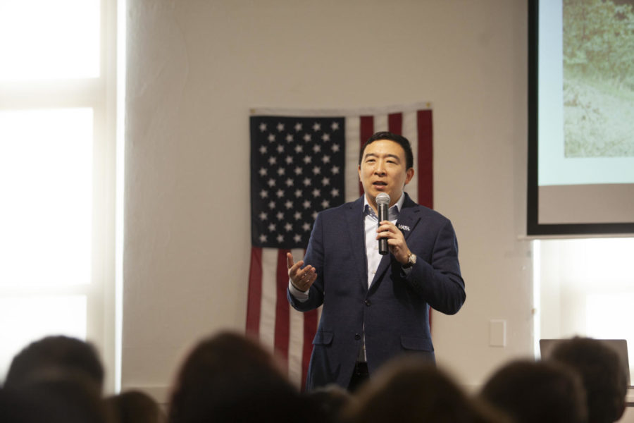 Presidential candidate Andrew Yang spoke to potential caucusgoers on Jan. 14 in Ames. Yang spoke about defeating President Donald Trump. 