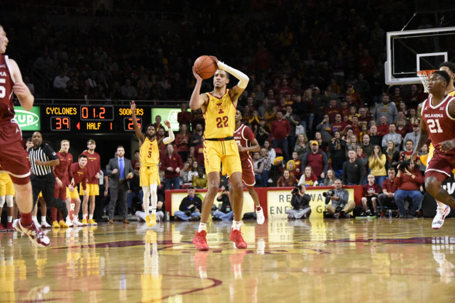 Then-sophomore guard Tyrese Haliburton attempts a 3-pointer as time expires against Oklahoma on Jan. 11.