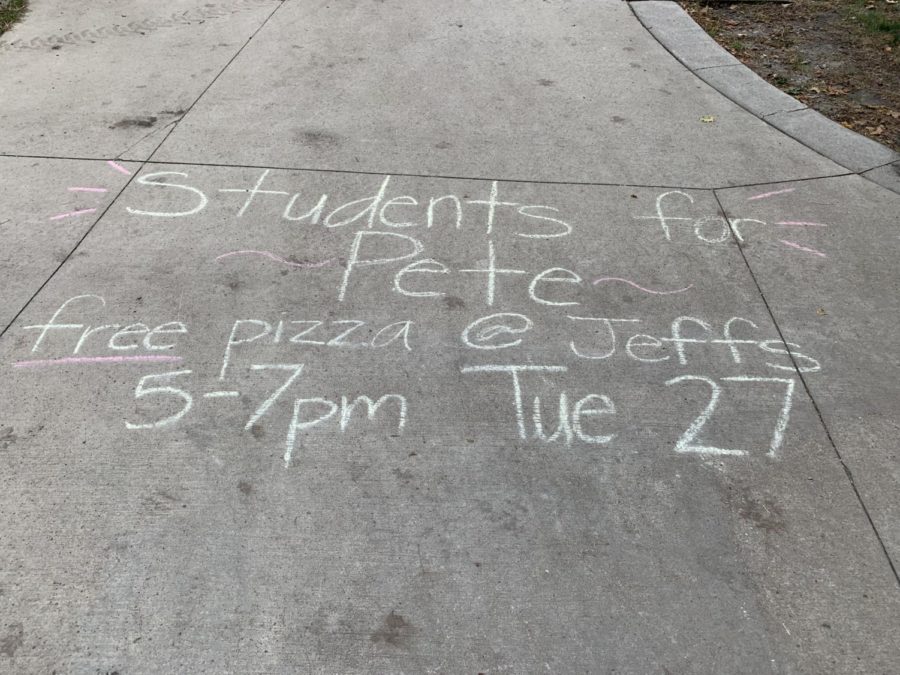 Chalking on the Iowa State campus advertising an event for presidential candidate Pete Buttigieg on Aug. 26. Iowa State implemented a temporary chalking policy soon after.